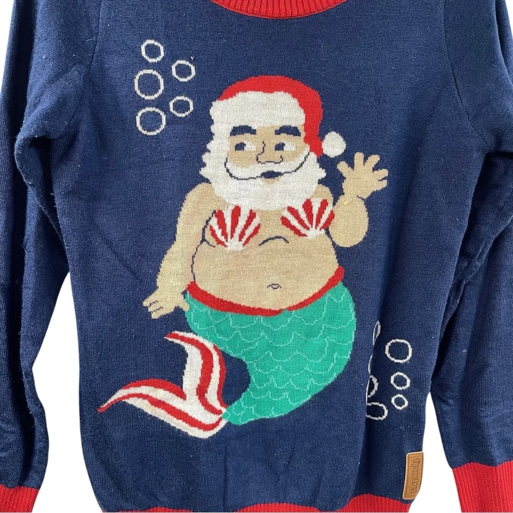 not so ugly Christmas sweater mermaid Santa tipsy elf small blue - Picture 2 of 8